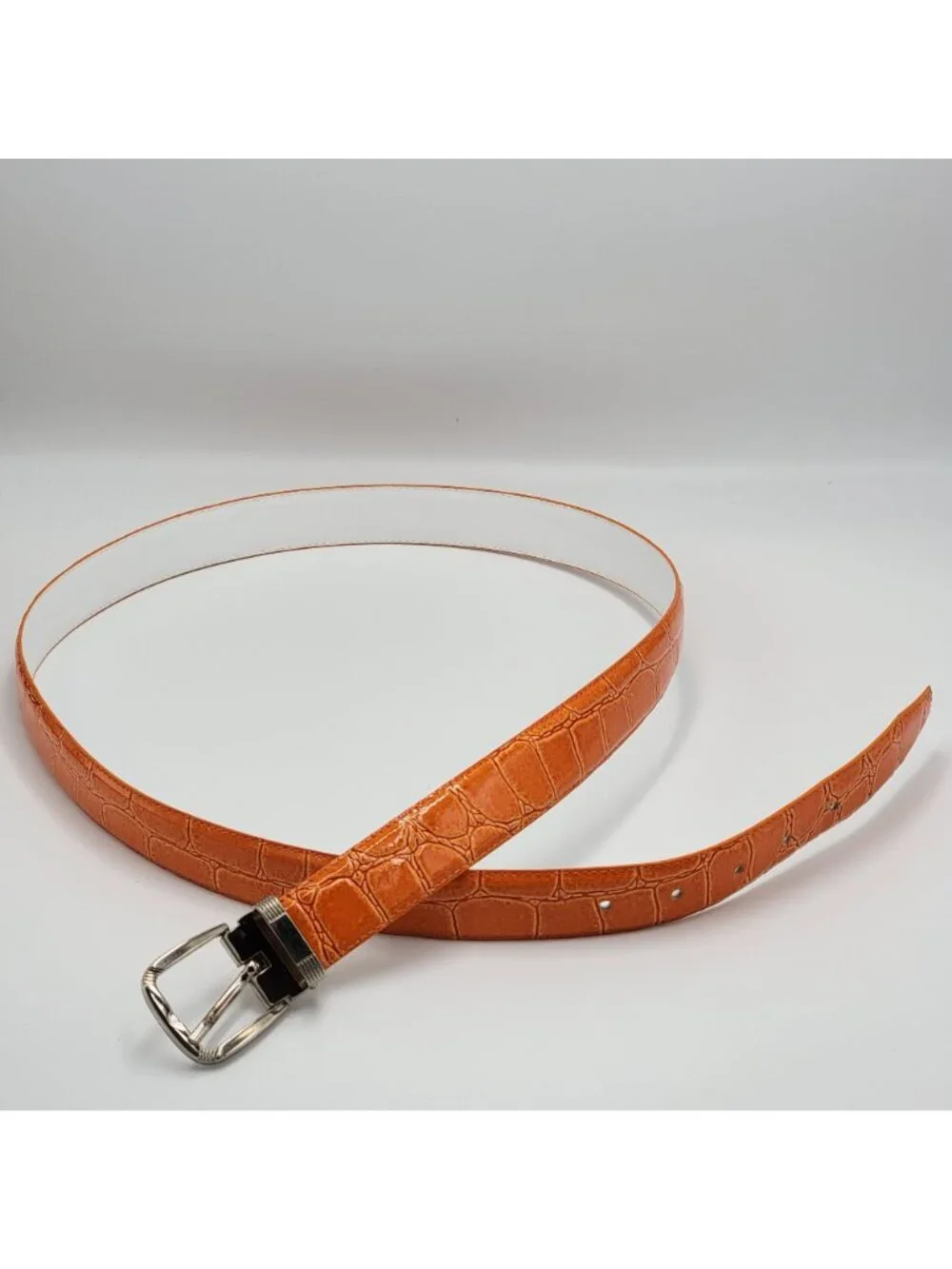 Orange Crocodile-Embossed Genuine Leather Belt With Silver-Tone Buckle